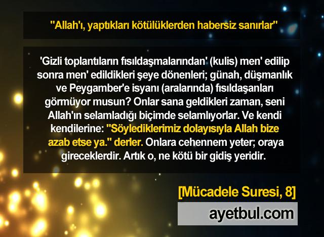 Allah'ı, Yaptıkları kötülüklerden habersiz sanırlar. (Mücadele Suresi, 8)