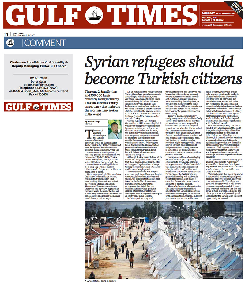 gulf times_adnan_oktar_syrian_refugees_should_become_Turkish_citizens