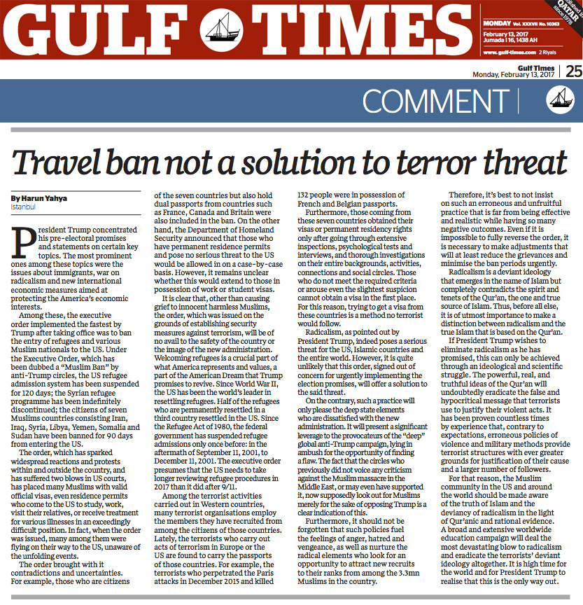 gulf times_adnan_oktar_travel_ban_not_a_solution_to_terror_threat