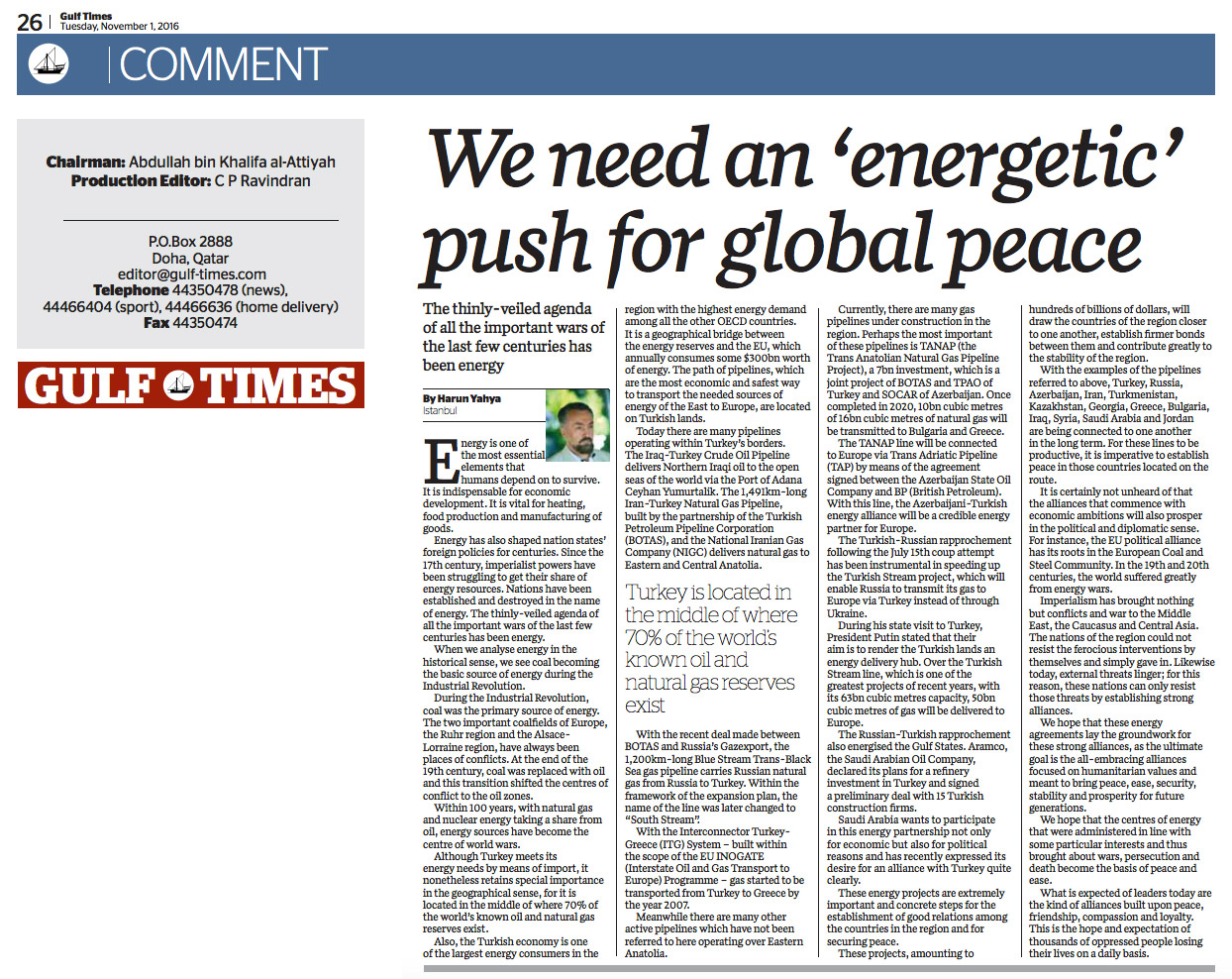 gulf times_adnan_oktar_we_need_an_energetic_push_for_global_peace