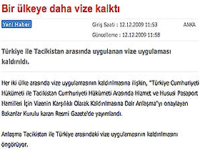 Tacikistan ile de vize kalktı