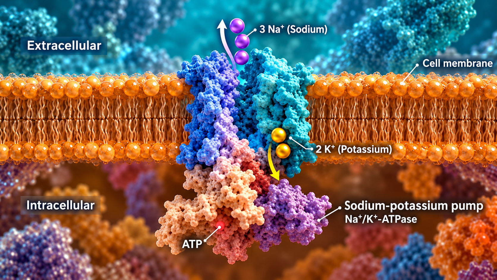 The Sodium-Potassium Pump uses energy from ATP to move 3 SODIUM ions out of the cell and bring 2 POTASSIUM ions into the cell during each cycle of operation.