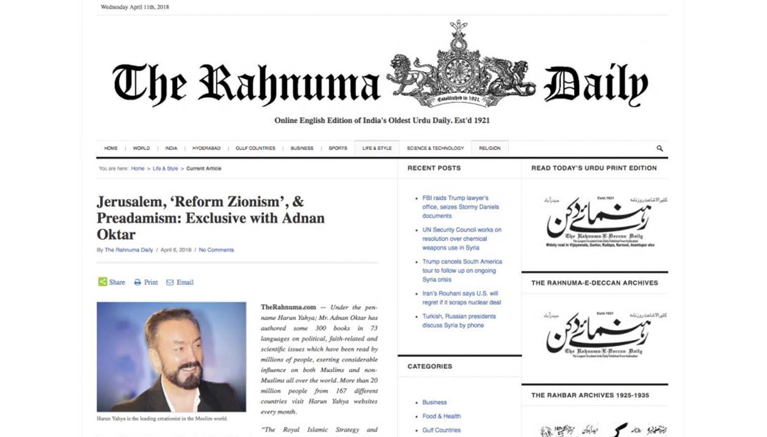 Adnan Oktar interviewed by Pakistan's daily The Rahnuma
