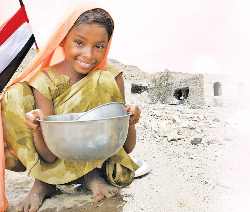 Kucuk kiz Yemen bayrağı yoksulluk