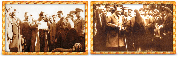 Solda, Turhal'da halkla birlikte (1930). Sağda, Amasya'da halkı dinlerken (1930)