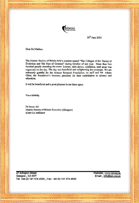 letter ISLAMIC SOCIETY OF BRITAIN