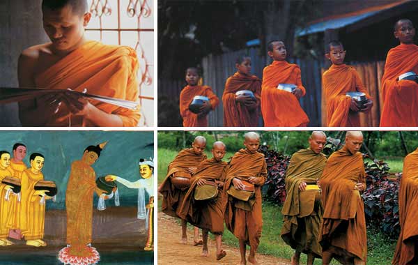 tencere taşıyarak halktan sadaka isteyen budistler