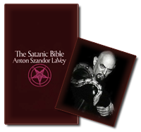 Sağda Anton LaVey ve solda Satanic Bible (Şeytan İncili) adlı kitabı